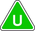 Green triangle with white U in the centre