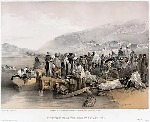 Image 1 Crimean War Artist: William Simpson; Lithographer: Edmond Morin; Restoration: NativeForeigner A tinted lithograph, titled "Embarkation of the sick at Balaklava", shows injured and ill soldiers in the Crimean War boarding boats to take them to hospital facilities. Modern nursing had its roots in the war, as war correspondents for newspapers reported the scandalous treatment of wounded soldiers in the first desperate winter, prompting the pioneering work of women such as Florence Nightingale, Mary Seacole, Frances Margaret Taylor and others. More selected pictures