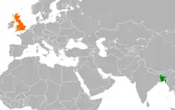 Map indicating locations of Bangladesh and United Kingdom