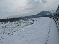 Train rounding a snowy curve