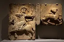 Amir Hasan II hunting on horseback, from the southern wall of the Church of the White Virgin (completed 1321). History Museum of Armenia, Yerevan.[10]