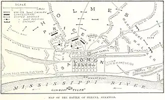 Map of the battlefield, including troop positions. The Union lines form a ring around the city of Helena, with their backs to the Mississippi River. Confederate troops attack from multiple angles.