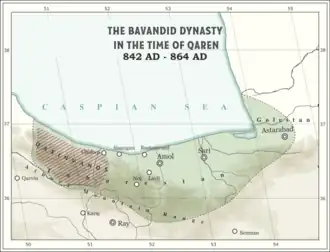 Map of the Bavand dynasty in 9th century under Qarin I
