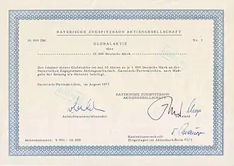 Share of the Bayerische Zugspitzbahn AG, issued August 1977