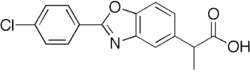 Two-dimensional monochrome diagram showing the structure of the molecule of benoxaprofen, using the hexagonal style to depict a chemical compound.