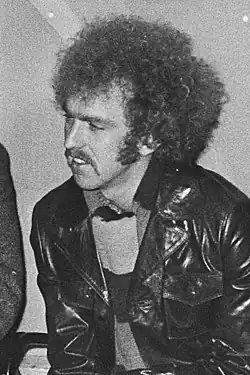 A black-and-white photo of Bernie Leadon