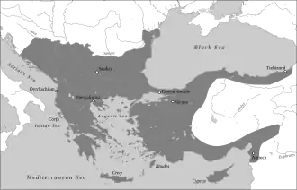 The Byzantine Empire at the death of Manuel I Komnenos in 1180.