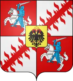 Coat of arms of the city of Mouscron, recognised in 1991 by the Council of Heraldry and Vexillology.[1]