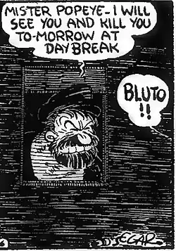 Black and white comic strip panel showing Bluto's first appearance