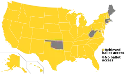 A map of the United States with all states colored yellow except Oklahoma, West Virginia, Connecticut, Massachusetts, Maine and Washington D.C.
