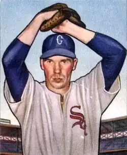 A baseball-card image of a man in a white baseball uniform with "Sox" over the left breast in red and a blue baseball cap with a white "C" on the front