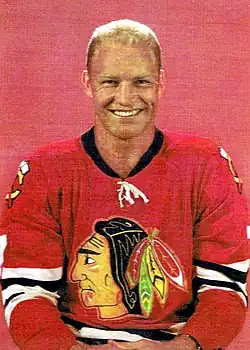 Crew cut: top, medium; back/sides, medium taper; sideburns, medium; short pomp (pompadour) front, flattened; mid top, rounded; crown, rounded; front hairline, average; curly hair. Bobby Hull.
