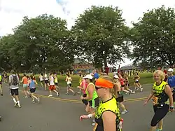 Many people running a marathon on a street. There are trees in the background.