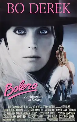 A close-up picture of a woman's face. Also a white horse with an apparently naked woman rider, covered by her long blonde hair.