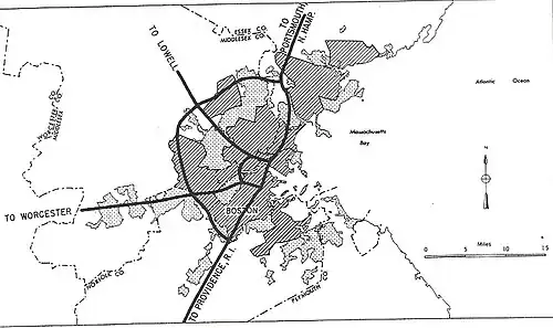A map of the proposed highway put forth in the 1948 Massachusetts Highway Master Plan.