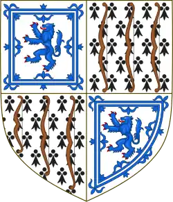 Example of quartered arms (Bowes-Lyon) with tressures in two of the quarters: Quarterly 1 and 4 argent a lion rampant azure, armed and langued gules within a double tressure flory counter-flory of the second (for Lyon); 2 and 3 ermine three bows stringed palewise in fess proper (for Bowes).