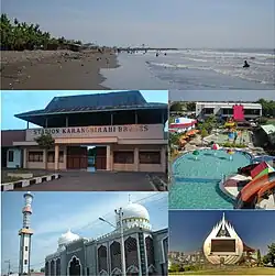 Sights in Brebes (clockwise from top) : Randusanga Beach, Ciblon Waterboom, Alun alun Brebes, Great Mosque of Brebes, Karangbirahi Stadium