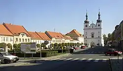 Town square with the Church of Saints Francis Xavier and Ignatius of Loyola