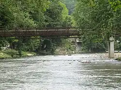 Walking bridge over the Oconaluftee River in Cherokee