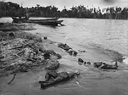 Japanese soldiers killed during the final phase of the battle at Buna Station, January 1943. The large number of dead Japanese and Allied bodies on the beach led the Allies to nickname it "Maggot Beach".[432][433]