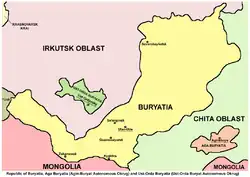 Map of autonomous Buryat territories (until 2008): Republic of Buryatia and autonomous okrugs of Aga Buryatia and Ust-Orda Buryatia