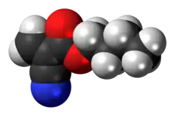 Space-filling model of the butyl cyanoacrylate molecule