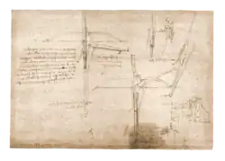 Illustrations of Leonardo da Vinci's rapid fire crossbow in the 15th-century Codex Atlanticus. Note the internal lever mechanism is fully extended to catch the draw string.