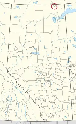 A map of the province of Alberta showing 80 counties and 145 small Indian reserves. One is highlighted with a red circle.
