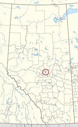 A map of the province of Alberta showing 80 counties and 145 small Indian reserves. One is highlighted with a red circle.