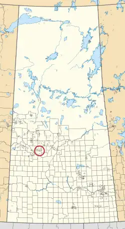 A map of the province of Saskatchewan showing 297 rural municipalities and hundreds of small Indian reserves. One is highlighted with a red circle.