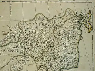 The Amur (under its Manchu name, Saghalien Oula) and its tributaries on a 1734 map by Jean Baptiste Bourguignon d'Anville, based upon maps of Jesuits in China. Albazin is shown as Jaxa, the old (Ming) site of Aigun as Aihom and the later, Qing Aigun, as Saghalien Oula.