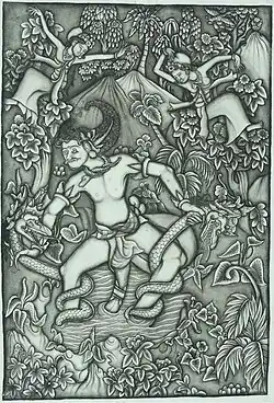 Paintings from the story of the Mahabharata. Drona tried to get rid of Bhima by telling him to meditate on Mount Kailasa