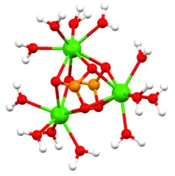 Structure of the [Ca3(SO3)2(H2O)12]2+ cage in calcium sulfite tetrahydrate.