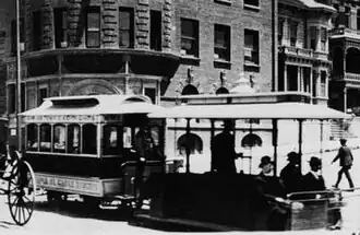 Cable car of the Temple Street Cable Railway in 1890 at Fort (Broadway) at Temple streets looking northwest