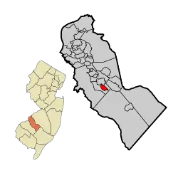 Pine Valley highlighted in Camden County. Inset: Location of Camden County highlighted in the State of New Jersey.