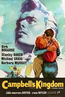 Film poster with a huge Dirk Bogarde head in the background, looking upwards and resembling the Mount Rushmore heads, a kissing couple in the right foreground, and people running from a bursting dam in the left foreground.