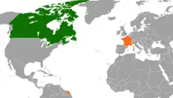 Map indicating locations of Canada and France