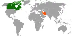 Map indicating locations of Canada and Iran