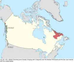 Map of the change to the international disputes involving Canada on July 20, 1871