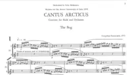 The first seven bars of the first movement, "The Bog", of Cantus Arcticus, prefaced by the title of the work, its dedication, and for whom it was written.