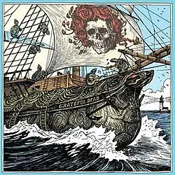 A wooden sailing ship with a crew of turtles, and a skull and roses design on the mainsail