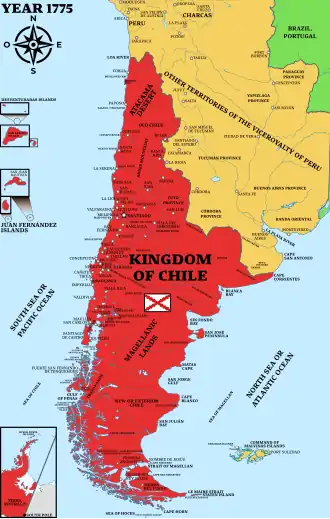 Territory legally belonging (with or without effective control) to the General Captaincy or Kingdom of Chile in 1775.[1][2][3][4][5]