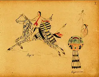 Ledger drawing of two men and a shield at right facing a man on a horse with a shield at left