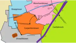 Location of the parish within the townlands (coloured) showing principle roads and amenities