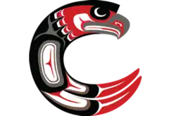 Logo of Carson Graham Secondary School. Depicts an eagle in the shape of the letter C using formline art conventions.