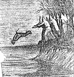 cartoon showing hooded men throwing a body into water