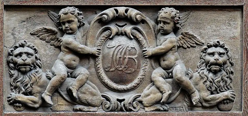 Baroque monogram on the door of the Hôtel Amelot de Bisseuil (Rue Vieille-du-Temple no. 47), Paris, designed by Pierre Cottard, 1657-1660