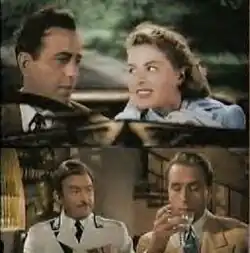 Two color film screenshots, one stacked on top of the other. The top image shows a man and woman in a car, the man driving. The bottom screenshot has two men, one watching as the other drinks from a glass.