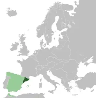 Location of Catalonia (dark green) within the Spanish Republic (light green) and Europe