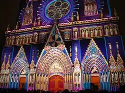 Front elevation of the cathedral by night during Festival of Lights (Lyon)